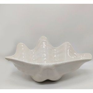 Vintage Porcelain Mid Century Footed White Clam Shell Bowl Decor By Hall